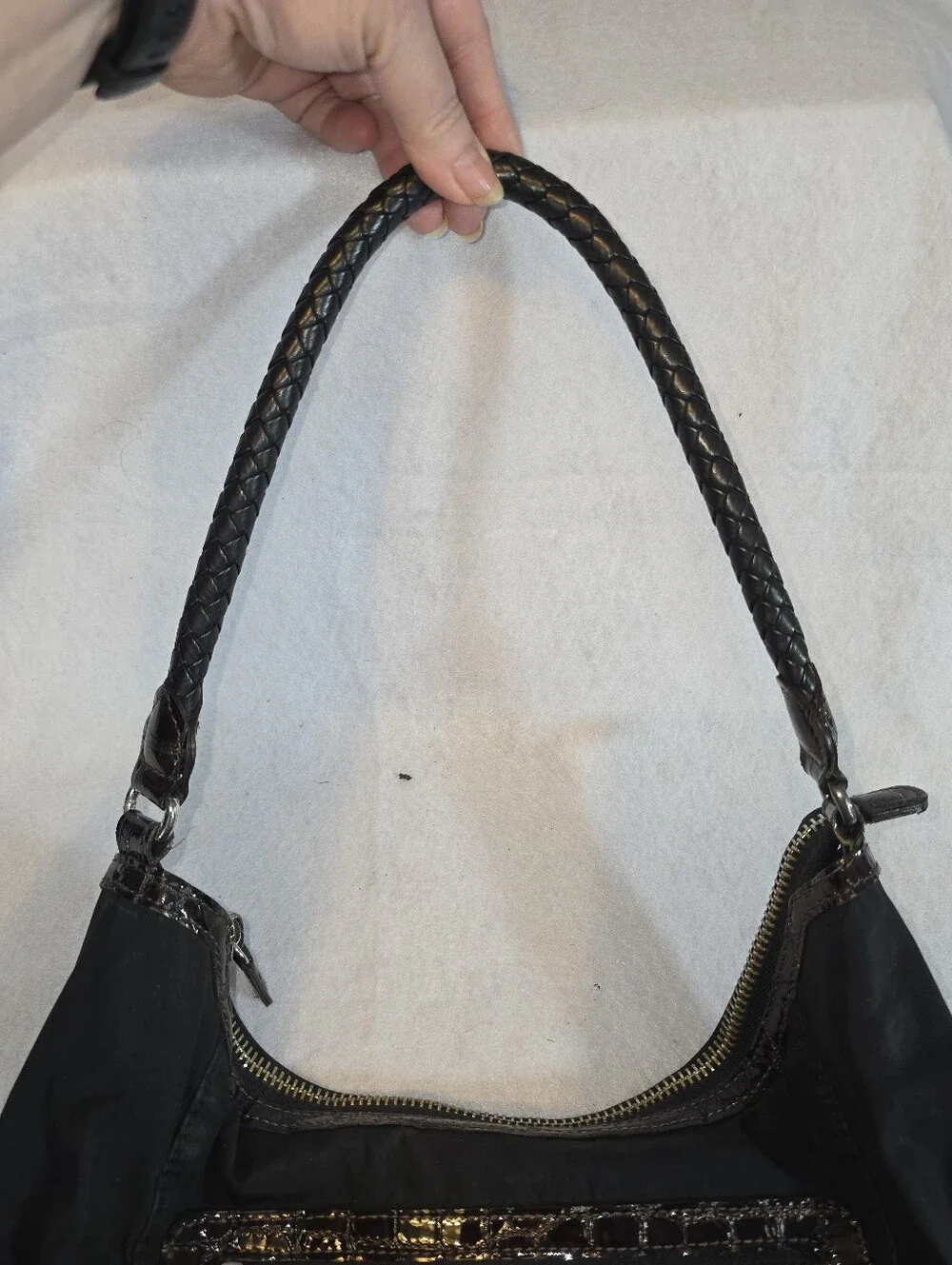 Brighton Y2K Black Nylon Pleated Organizer Hobo Bag Croc Leather Heart Charm